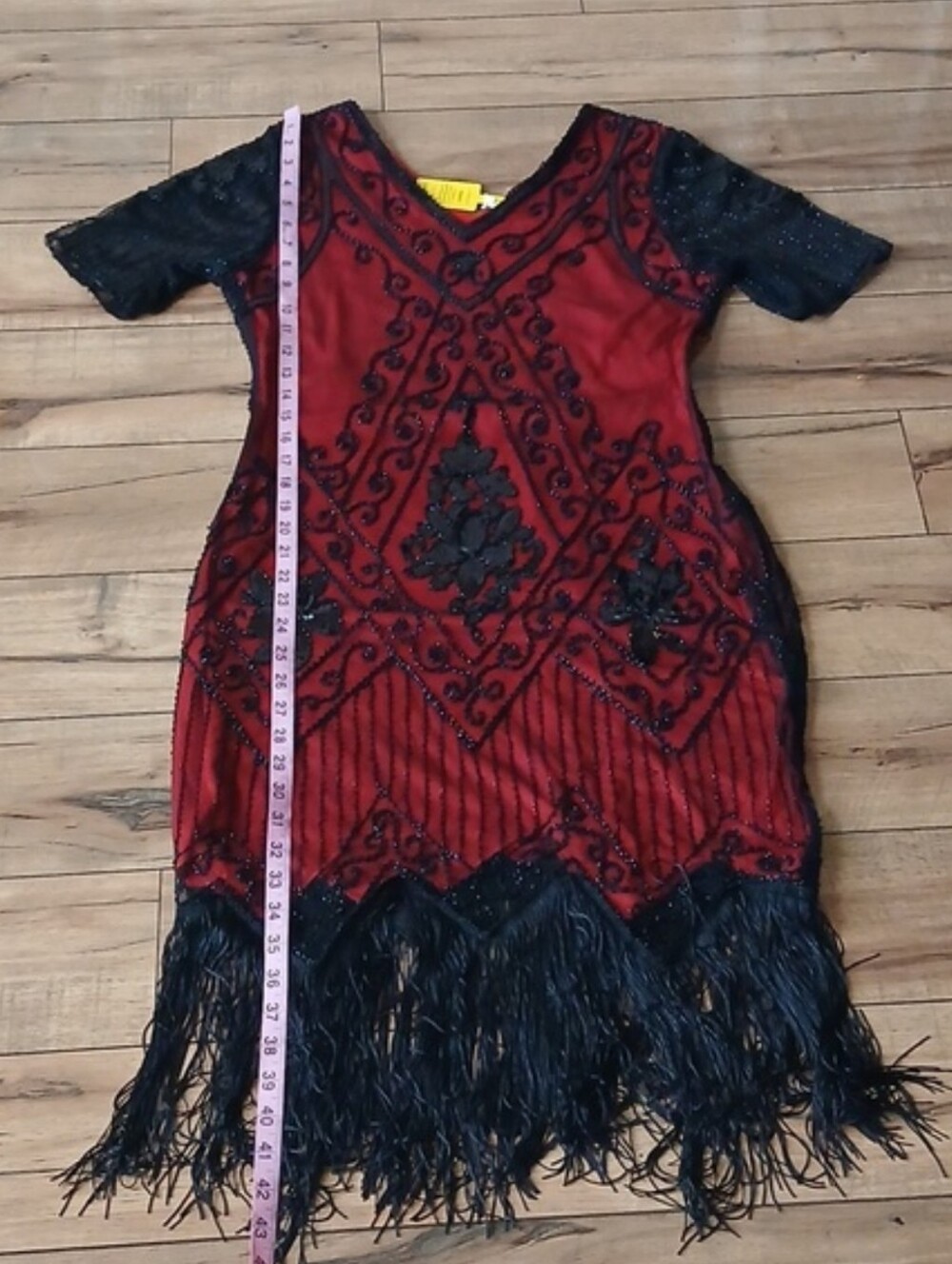 New Women's Red And Black Beaded V-Neck Fringe Cocktail Summer Dress Medium - Picture 14 of 16